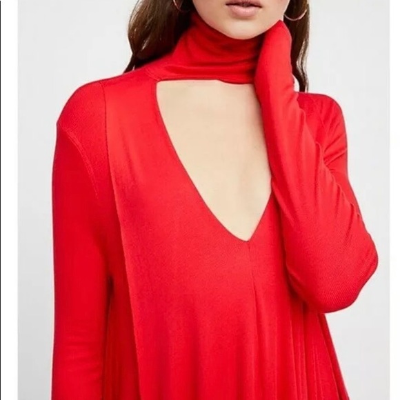 Free People Red Open V Front Turtle Neck Collar Shift Top - Picture 1 of 10